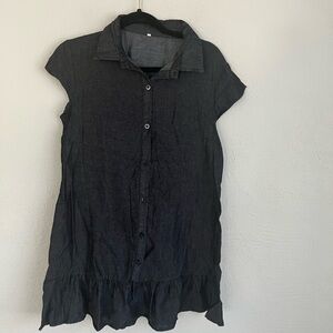 FLORAL blooming woman black chambray short sleeve ruffle- hem shirt dress